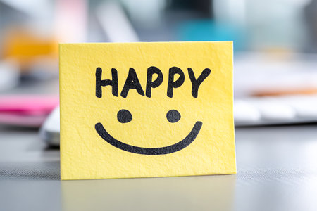 A bright yellow sticky note with the word Happy and a smiling face is placed on a table. It aims to spread joy to anyone who sees it.の素材