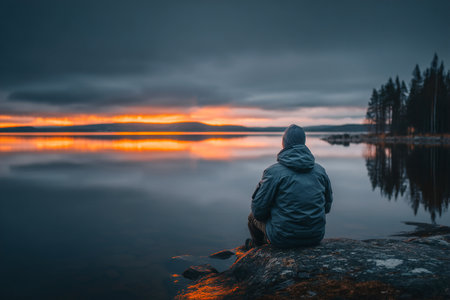 A person sits quietly by a calm lake, reflecting on life as the sun sets, casting warm colors across the water and surrounding nature in peaceful tranquility.の素材