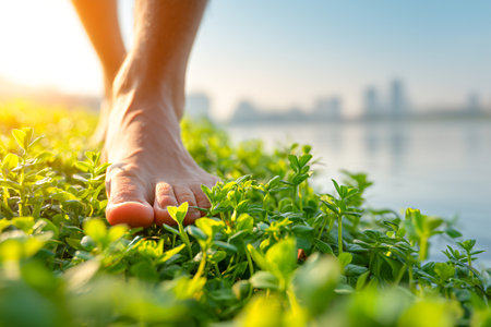A person walks barefoot across soft grass next to a calm water body, enjoying the peacefulness of a serene morning. Sunlight casts a warm glow over the scene.の素材