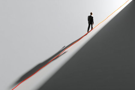 A person in formal attire walks carefully on a thin red line against a plain gray backdrop, embodying the tension between balance and anxiety in life's challenges.の素材
