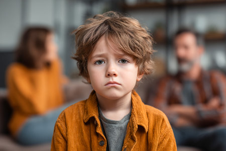 A young boy sits with a worried expression, watching his parents argue in the background. The family is in a living room, showing tension and concern.の素材