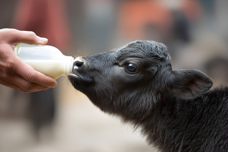A farmer gently feeds a newborn calf with a bottle in a rural area. The calf eagerly drinks, showcasing the bond between human and animal on a sunny day.の素材