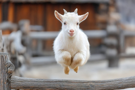 A playful goat leaps joyfully near a wooden fence at a farm during the day, showing its energy and excitement in a natural setting.の素材