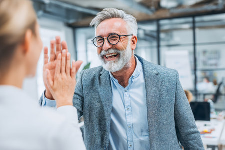 Team members express joy and excitement after completing a successful project in a bright office setting. Laughter and gratitude are in the air as they celebrate together.の素材