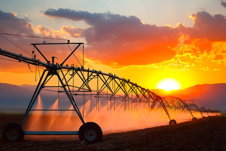 Sprinklers from an irrigation system release water across a farm at sunset, creating a picturesque scene with vibrant colors and mist in the air.の素材