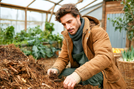 A farmer is examining compost in a greenhouse filled with vegetables and plants. Focused on improving soil quality, he works diligently amidst fresh produce.の素材