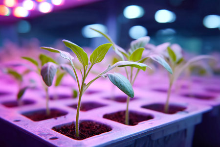 Young plants thrive in trays under bright LED lights in a vertical farming setup. This controlled environment supports their healthy growth.の素材