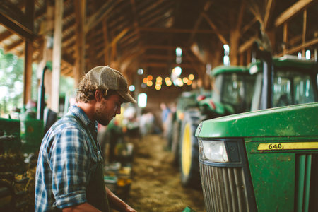 A mechanic works diligently in a rustic barn, surrounded by tractors and tools, focusing on repairs in the warm, dim light of a farm setting.の素材