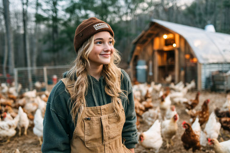 At dawn, a young person tends to chickens in a peaceful farmyard. Sunlight gently illuminates the scene, creating a tranquil atmosphere.の素材