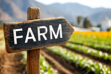A wooden signpost labeled 'FARM' stands at the edge of a vibrant field. Colorful flowers and crops stretch out against a backdrop of rolling mountains.の素材