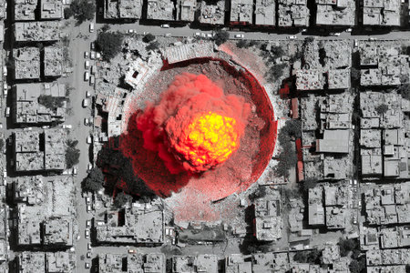 Satellite view captures an explosion in a densely populated urban neighborhood, highlighting damage to buildings and surrounding infrastructure.の素材