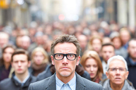 A man stands awkwardly among a large crowd, showing signs of social discomfort. People around him appear indifferent as they navigate the busy street.の素材