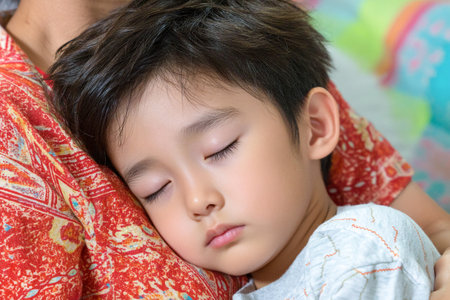 A young child is comfortably resting on a parent's shoulder, eyes closed in a peaceful sleep. This tender moment captures the warmth of family love at home.の素材