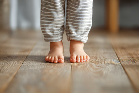 A child stands barefoot on a wooden floor, expressing frustration by stomping their foot. The cozy indoor space is filled with warmth and soft light.の素材
