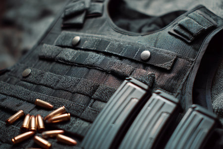 A close-up view of a tactical bulletproof vest featuring several magazines and scattered ammunition. The setup suggests preparation for a critical operation.の素材