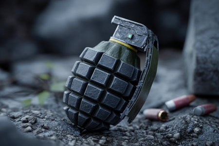 A smart grenade rests on rocky ground, showing its sleek design and advanced technology. Nearby are spent bullet casings, hinting at recent military activity.の素材