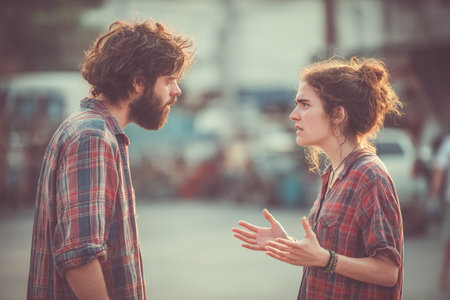 A young couple stands on a street, engaged in a passionate argument. The sun sets behind them, adding a warm glow to the scene. Tension is visible in their body language.の素材