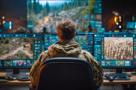 A control room filled with multiple screens shows real-time data and maps of a military operation. Personnel monitor crucial activities and coordinate actions.の素材