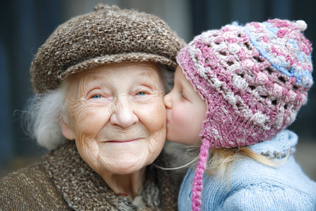 A loving grandmother shares a warm embrace with her granddaughter. They enjoy a playful moment while outdoors, surrounded by a cozy atmosphere.の素材