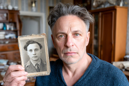 A man stands indoors, closely examining an old photo frame. His expression reveals deep nostalgia, immersed in memories from a time long gone.の素材