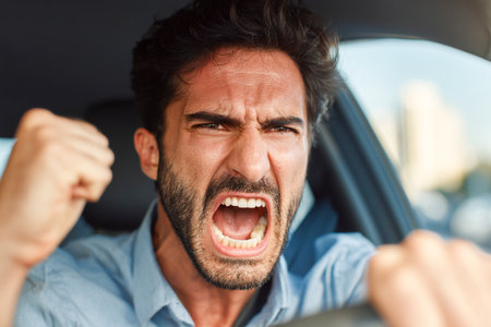 A man expresses strong emotions while sitting in his car on a bustling street, yelling and showing frustration with clenched fists and a tense expression.の素材