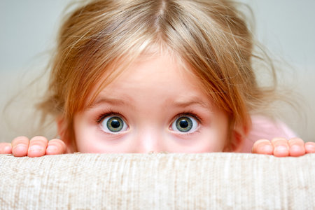 A young child peeks out from behind a couch, showing curiosity and a hint of mischief in a lively living room filled with warmth.の素材