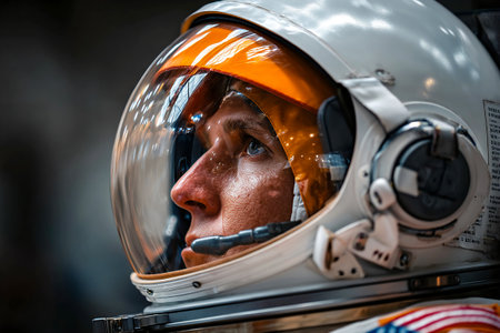 An astronaut focuses intently while wearing a detailed helmet in a training environment. The reflection shows equipment and surroundings suggesting preparation for a mission.の素材