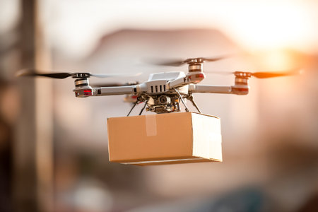 A drone with claws is hovering above ground, holding a cardboard box. The scene is set in an urban area during sunset, with soft light illuminating the surroundings.の素材