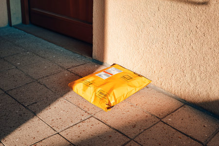 A bright morning reveals a yellow parcel dropped at the front door, resting on the stone pathway, ready for collection.の素材