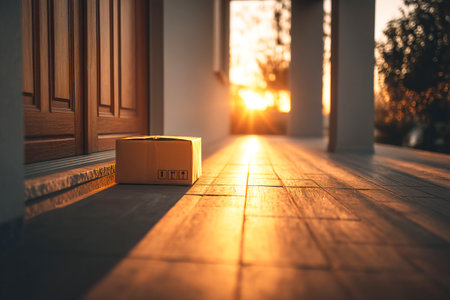A cardboard parcel sits on the doorstep as the sun sets, casting warm light on the wooden floor. The scene captures a quiet moment in a peaceful neighborhood.の素材