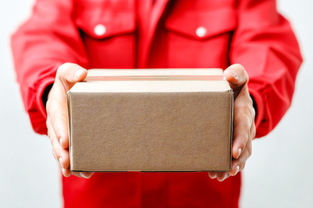 A person dressed in a uniform stands alone, carefully holding a fragile box in an isolated space. The box appears secure, ready for delivery.の素材