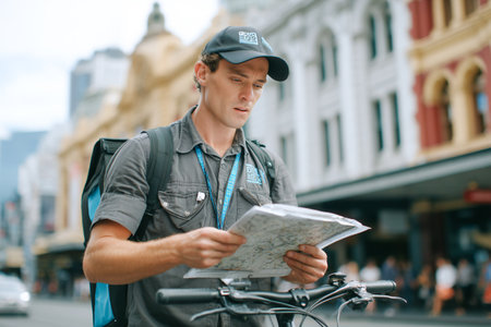 A man stands with a bicycle, intently looking at a map on a bustling city street filled with shops and pedestrians during daytime activities.の素材