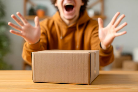 A person sits at a table, eagerly preparing to open a brown package. Their hands are raised in anticipation, creating a joyful atmosphere in the room.の素材