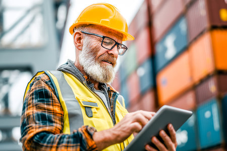 A coordinator, wearing a hard hat and safety vest, uses a tablet while standing near colorful shipping containers in a busy port environment.の素材