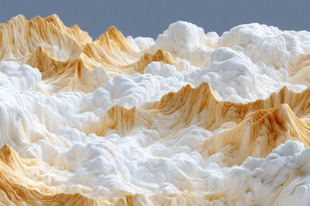 A dramatic scene unfolds with thick clouds swirling over a rugged surface, showing intricate textures and colors. The landscape evokes a sense of mystery and depth.の素材