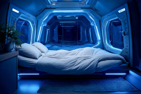 Inside a high-tech chamber, a gravity experiment is taking place. The room features soft lighting and a floating bed, creating a unique atmosphere for the study.の素材