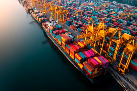 A busy global shipping hub showcases a cargo ship being loaded with colorful containers during sunset. The scene highlights industrial activity and logistics.の素材