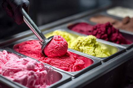 Workers are filling containers with vibrant flavors of ice cream, including pink, green, and brown, in a busy production area of the factory.の素材