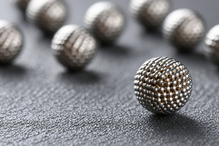 High-precision ball bearings are displayed on a textured surface in a workshop, showing their smooth surfaces and intricate designs essential for machinery.の素材