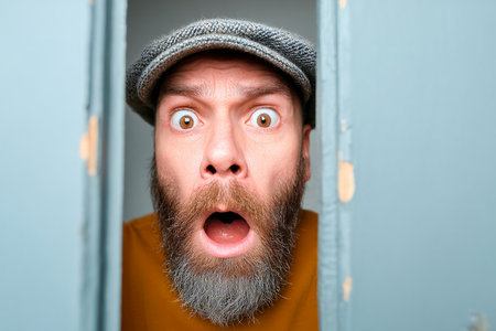 A man with a beard and cap looks shocked while standing in front of a doorway. He is excited to see an old friend after a long time while holding a parcel.の素材
