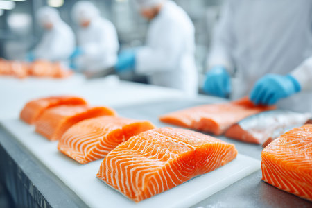 Workers in waterproof gear handle cuts of fresh salmon at a processing plant, ensuring quality and safety in a busy, industrial kitchen environment.の素材