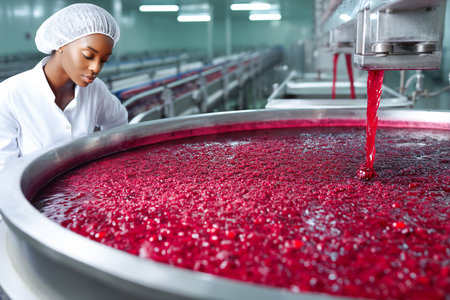 In a clean food facility, a woman carefully monitors the pouring of berry juice into large containers during the production process.の素材