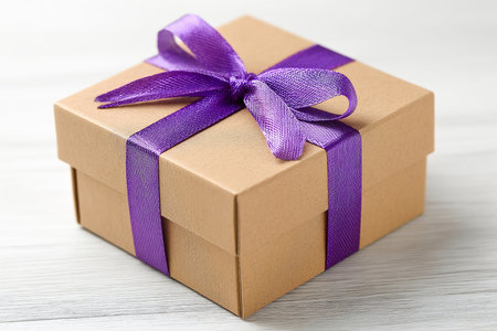 A neatly packed gift-style ecommerce parcel features a brown box tied with a shiny purple ribbon, perfect for special surprises and celebrations.の素材