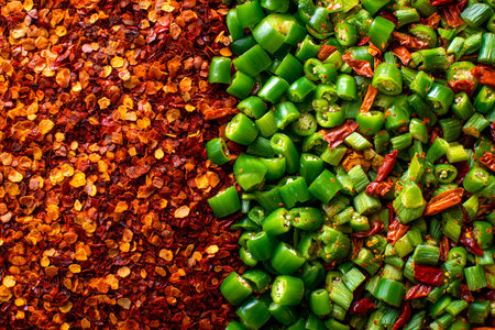 Bright green chopped peppers mix with deep red flakes, showcasing a delicious combination of fresh ingredients perfect for cooking or garnishing dishes.の素材