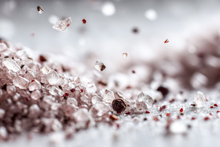 Coarse salt and black peppercorns are scattered across a rough surface, showing the details and textures of each grain and piece in close-up view.の素材