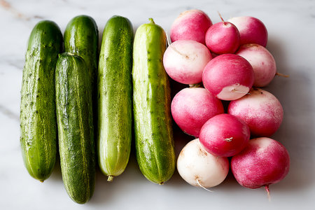 Fresh cucumbers and radishes are neatly arranged in a balanced pattern on a kitchen counter, showing vibrant colors and natural shapes in bright light.の素材