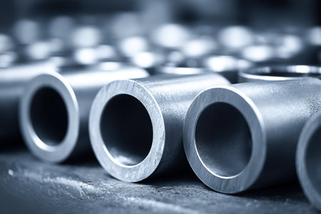 Metal parts are neatly lined up in a workshop, showcasing their precise design and craftsmanship. The shallow depth highlights their details and finish.の素材