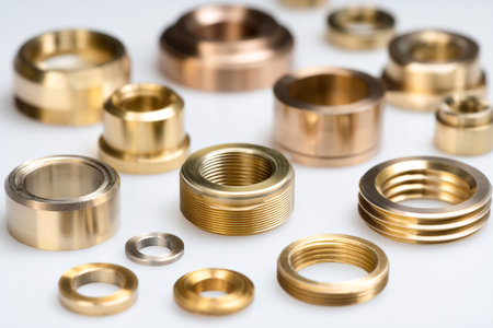Various CNC-milled metal components are neatly laid out on a light background, showing their detailed designs and precision craftsmanship.の素材