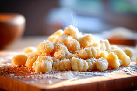 Freshly made gnocchi is piled on a floured wooden board, ready for cooking in a warm kitchen setting, capturing the essence of homemade Italian cuisine.の素材