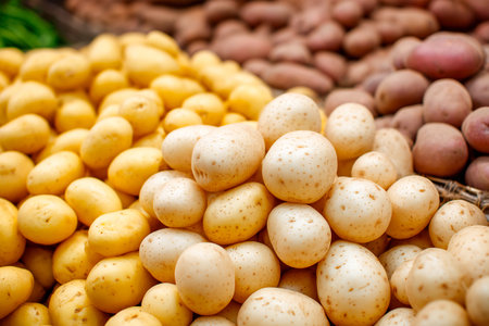 A vibrant display of fresh potatoes is arranged in a market. The group includes various types, showcasing unpeeled potatoes in a variety of colors and sizes.の素材